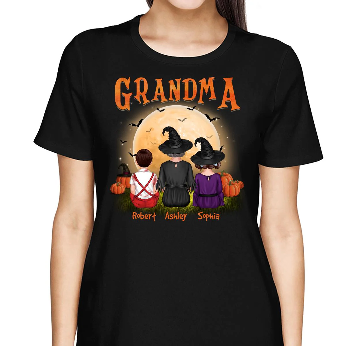 Grandma & Grandkids Back View Under Moonlight Halloween Personalized Shirt - Image 2