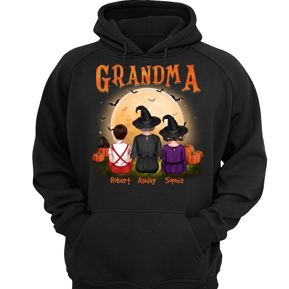 Grandma & Grandkids Back View Under Moonlight Halloween Personalized Shirt - Image 3