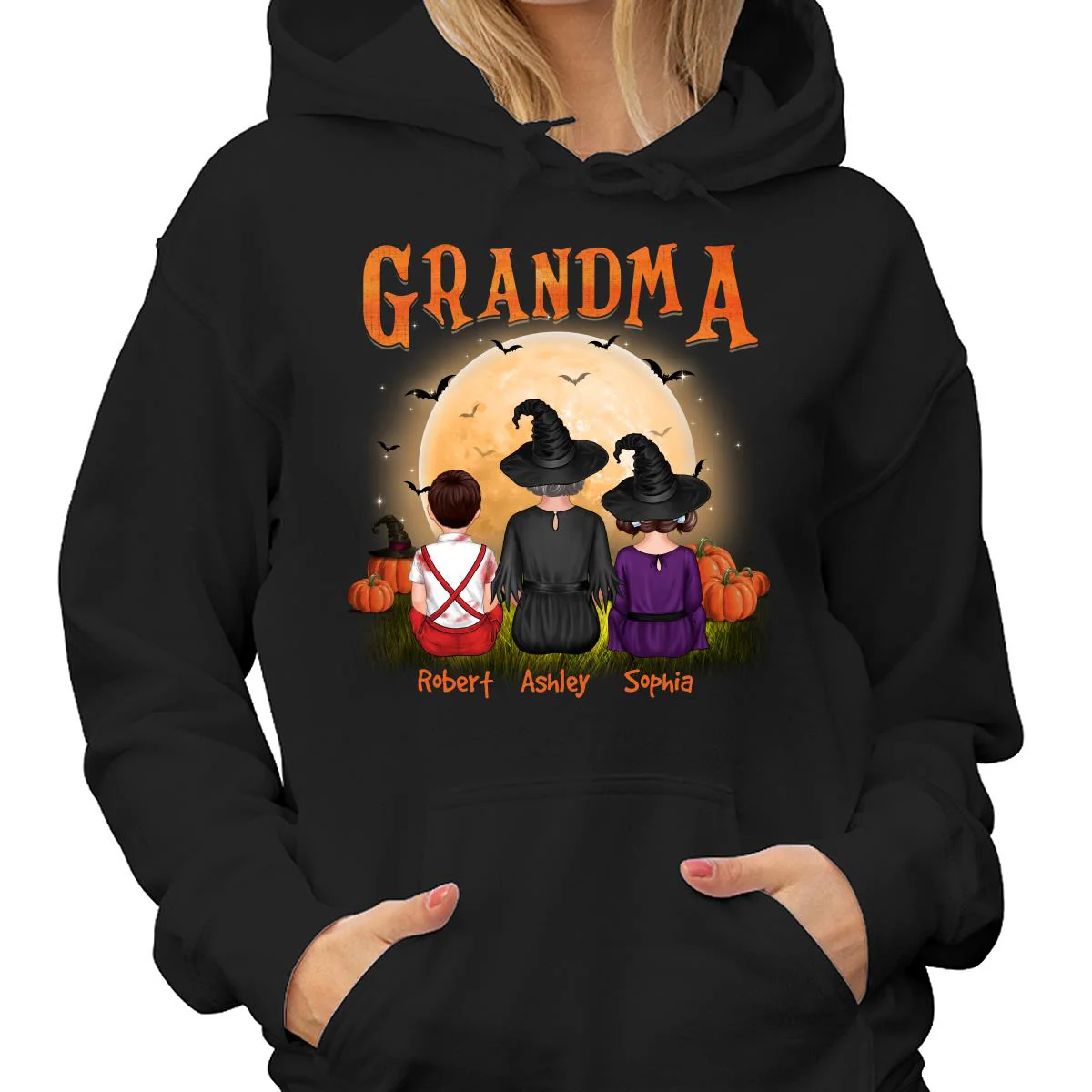 Grandma & Grandkids Back View Under Moonlight Halloween Personalized Shirt - Image 4