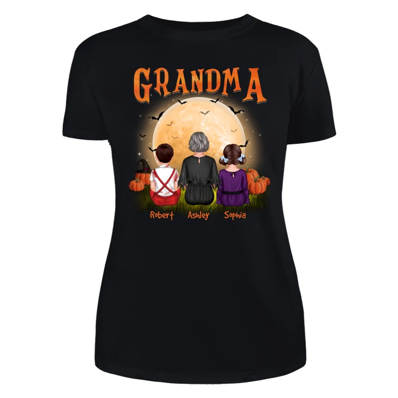 Grandma & Grandkids Back View Under Moonlight Halloween Personalized Shirt - Image 8