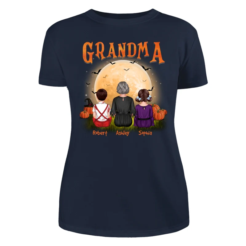 Grandma & Grandkids Back View Under Moonlight Halloween Personalized Shirt - Image 9