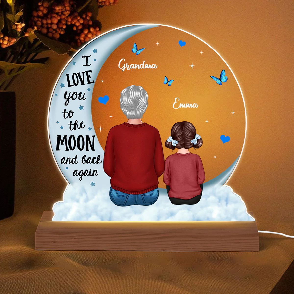 Grandma Grandkids Blue Moon On Cloud Personalized Custom Shape Acrylic LED Night Light - Image 2