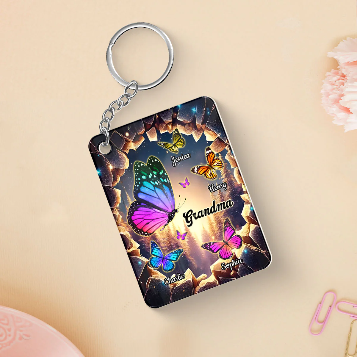 Grandma Grandkids Butterflies Names 3D Hole Personalized Acrylic Keychain - Image 2