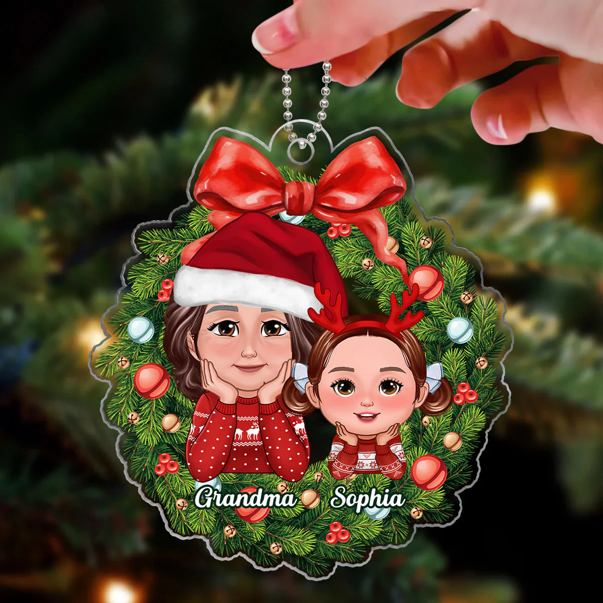 Grandma Grandkids Chin On Hands Christmas Wreath Personalized Acrylic Ornament - Image 3