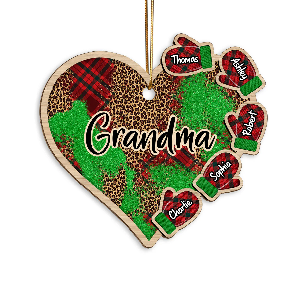 Grandma Grandkids Christmas Gloves Checkered Heart Personalized Wooden Ornament