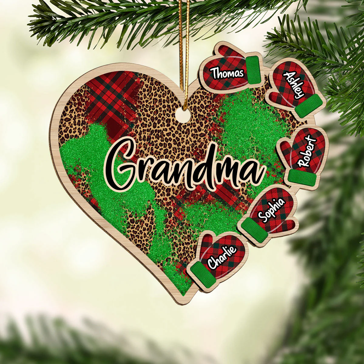 Grandma Grandkids Christmas Gloves Checkered Heart Personalized Wooden Ornament - Image 2