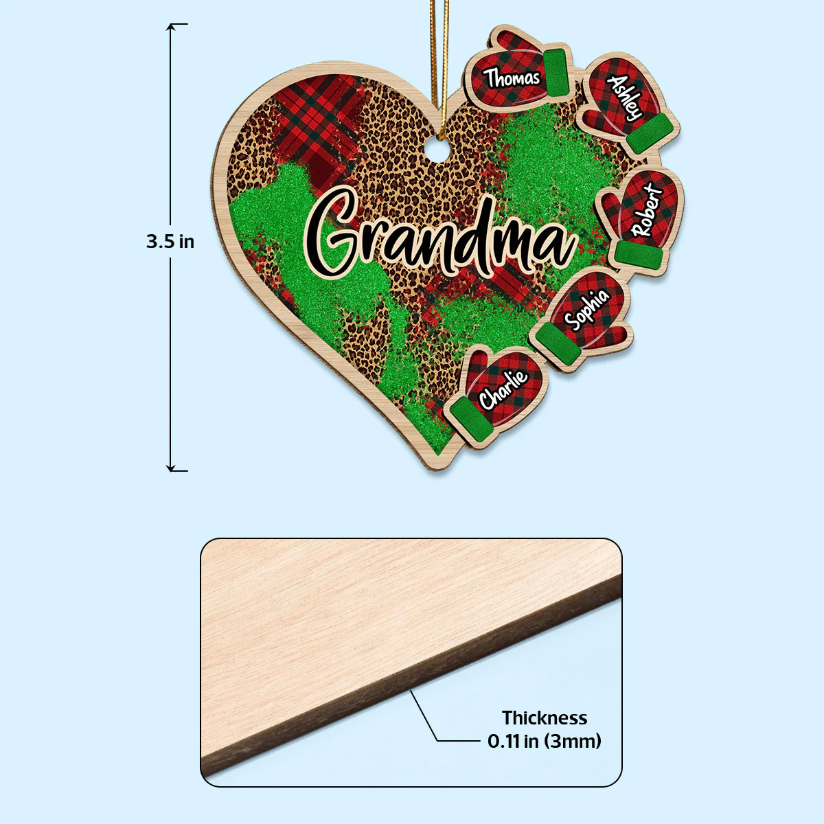 Grandma Grandkids Christmas Gloves Checkered Heart Personalized Wooden Ornament - Image 4