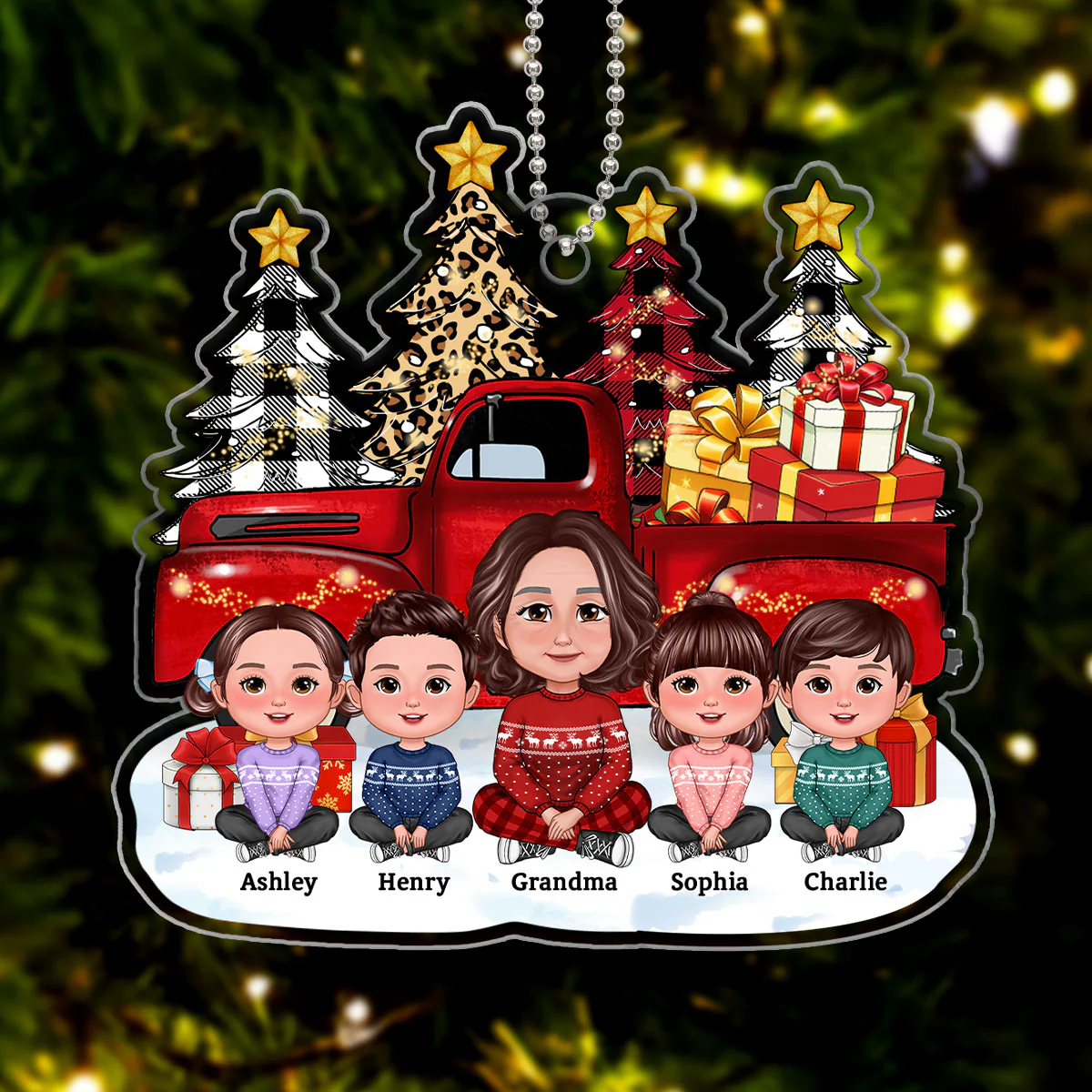Grandma Grandkids Christmas Truck Tree Line Personalized Acrylic Ornament