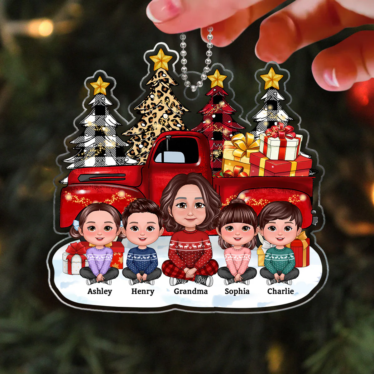 Grandma Grandkids Christmas Truck Tree Line Personalized Acrylic Ornament - Image 3