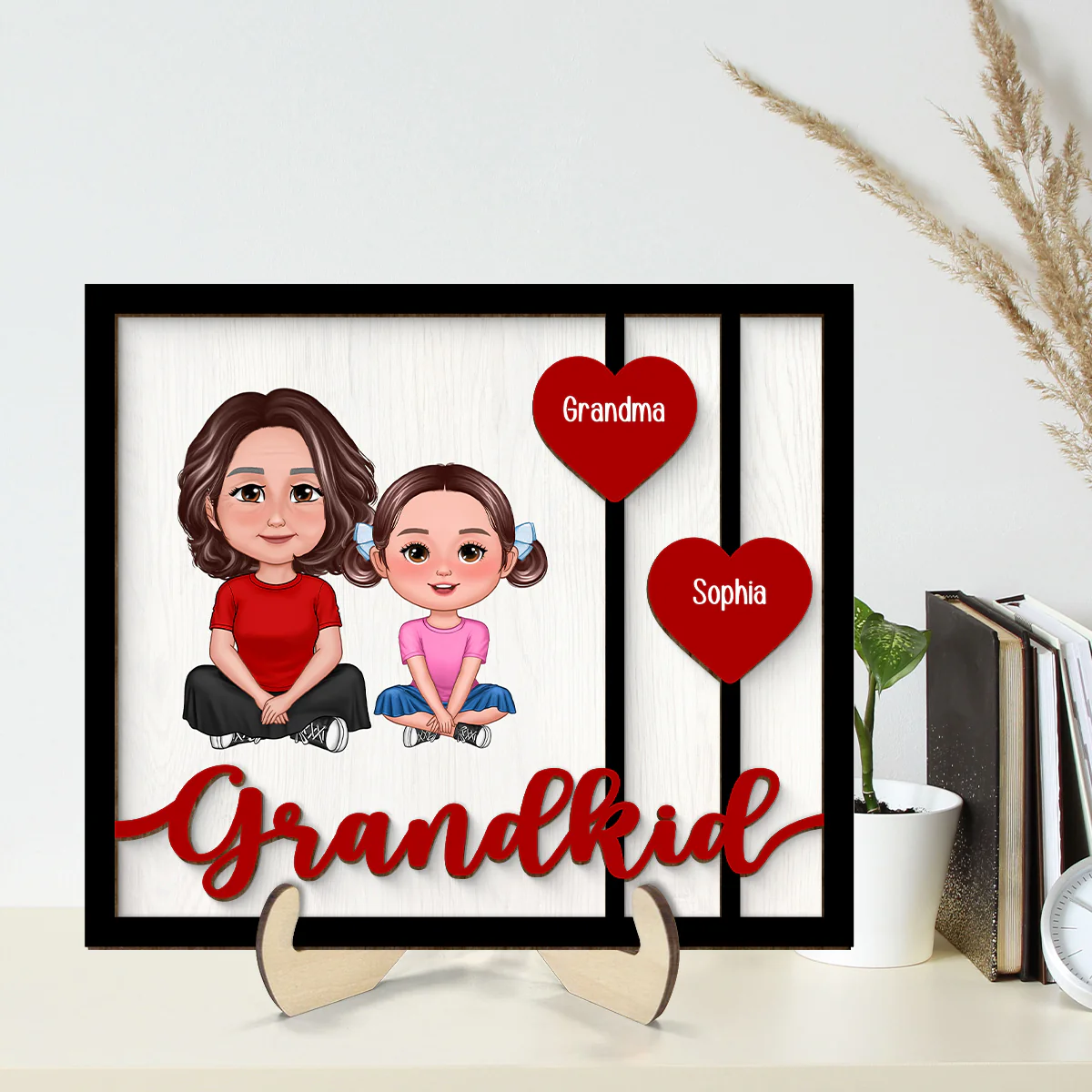 Grandma Grandkids Crossed Legs Red Hearts Personalized 2-layer Wooden Plaque - Image 2