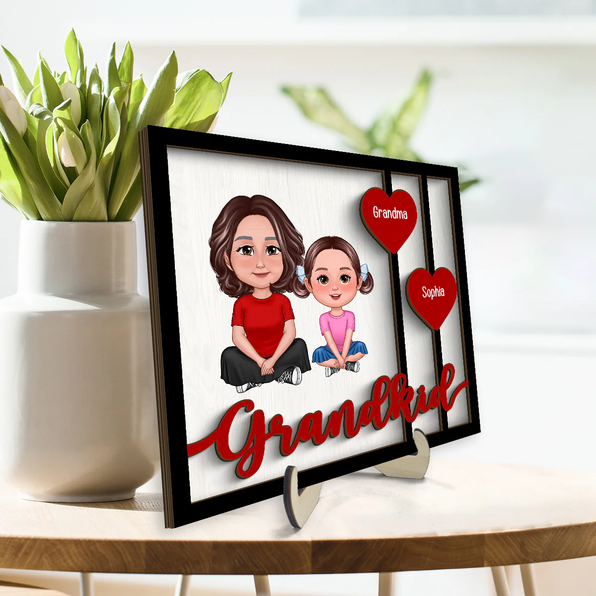 Grandma Grandkids Crossed Legs Red Hearts Personalized 2-layer Wooden Plaque - Image 3