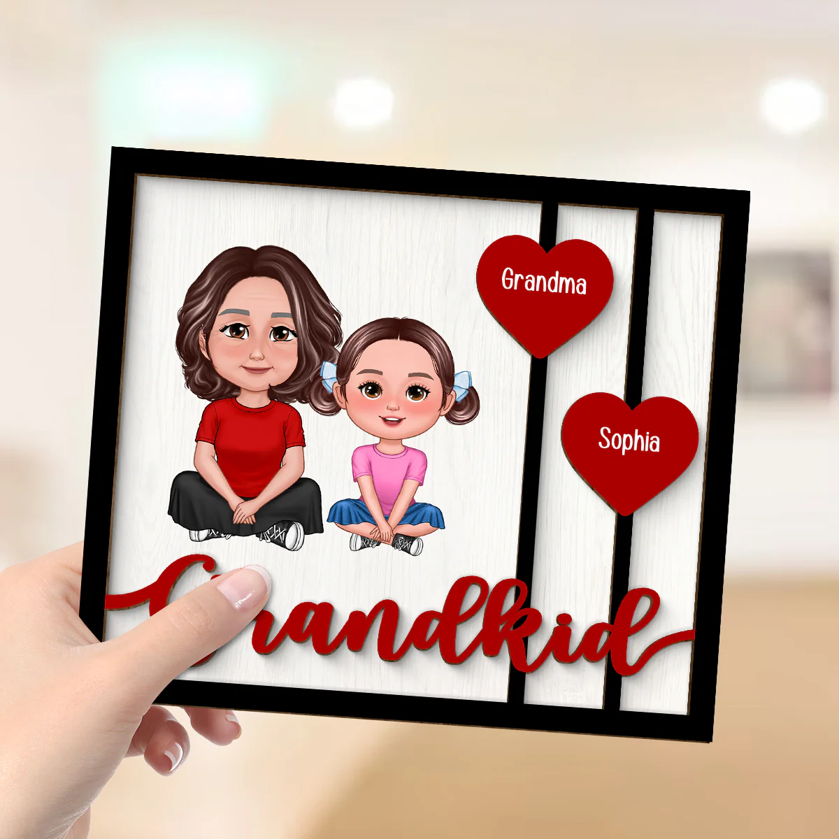 Grandma Grandkids Crossed Legs Red Hearts Personalized 2-layer Wooden Plaque - Image 4