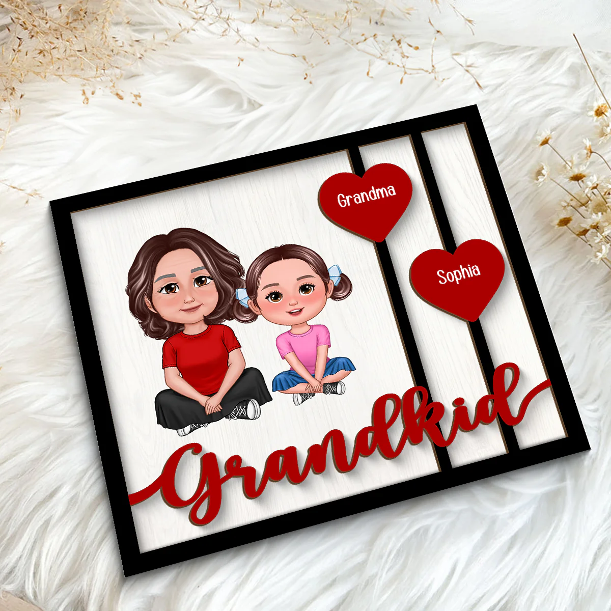 Grandma Grandkids Crossed Legs Red Hearts Personalized 2-layer Wooden Plaque - Image 5