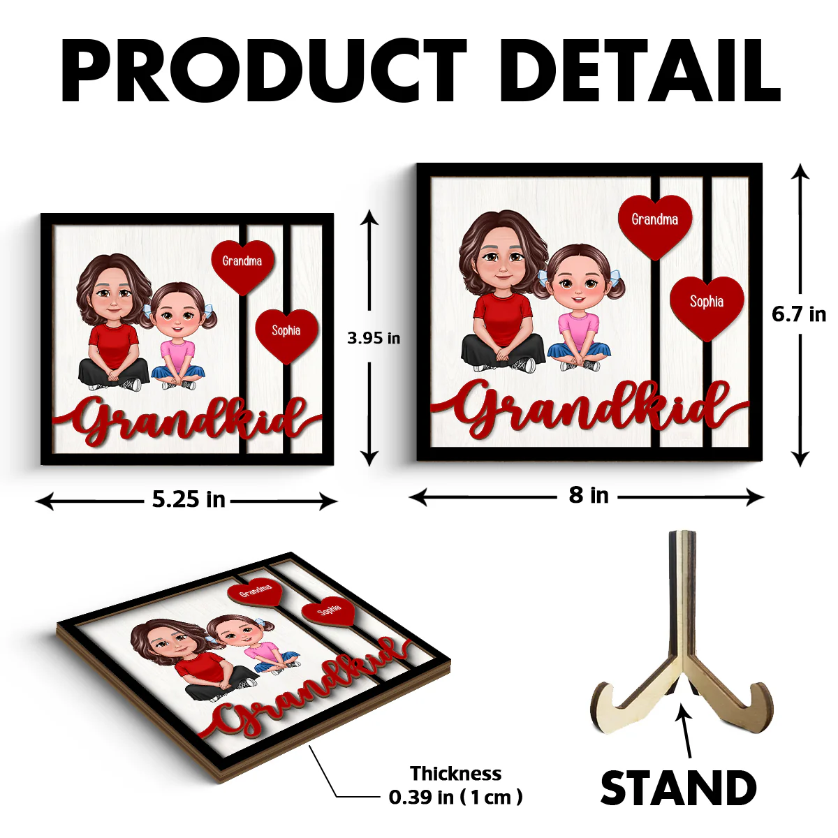 Grandma Grandkids Crossed Legs Red Hearts Personalized 2-layer Wooden Plaque - Image 6