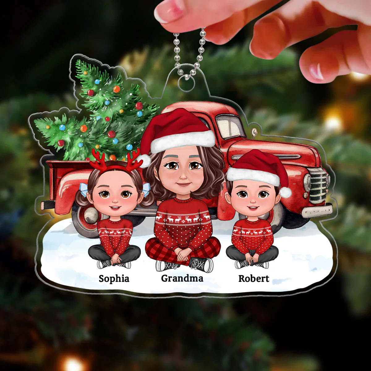 Grandma Grandkids Crossed Legs Sitting Front Christmas Car Personalized Acrylic Ornament - Image 3