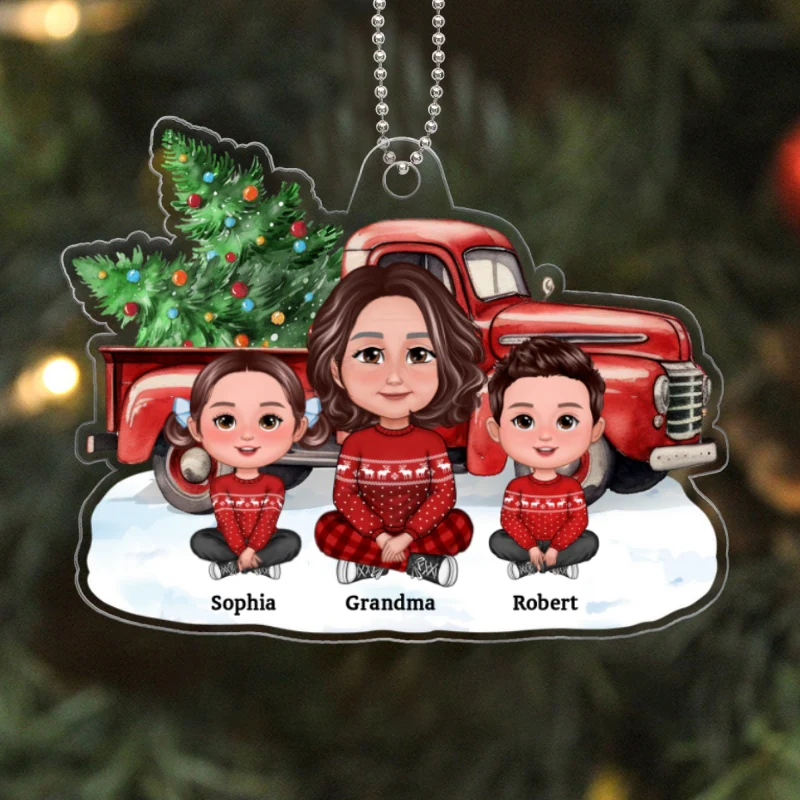 Grandma Grandkids Crossed Legs Sitting Front Christmas Car Personalized Acrylic Ornament - Image 5