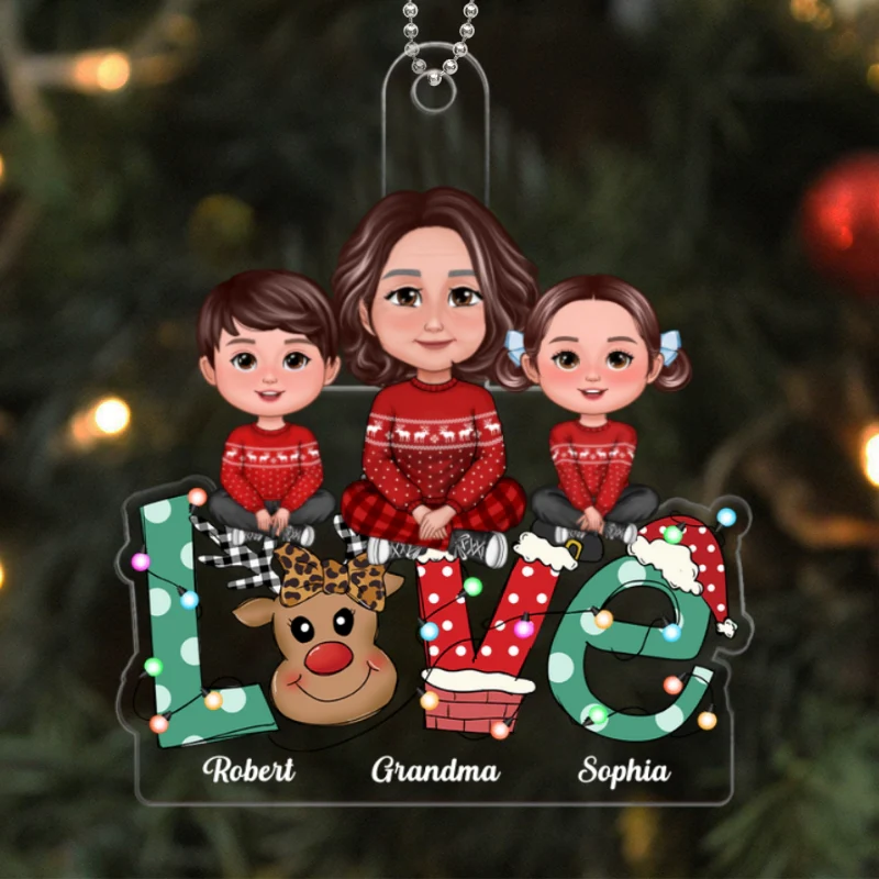 Grandma Grandkids Crossed Legs Sitting On Christmas LOVE Personalized Acrylic Ornament - Image 5