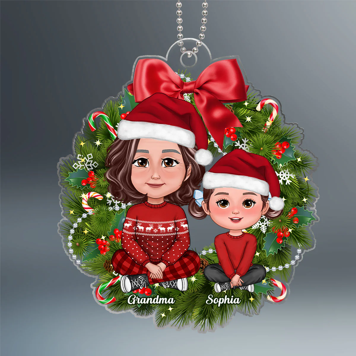Grandma Grandkids Crossed Legs Sitting On Christmas Wreath Personalized Acrylic Ornament - Image 2