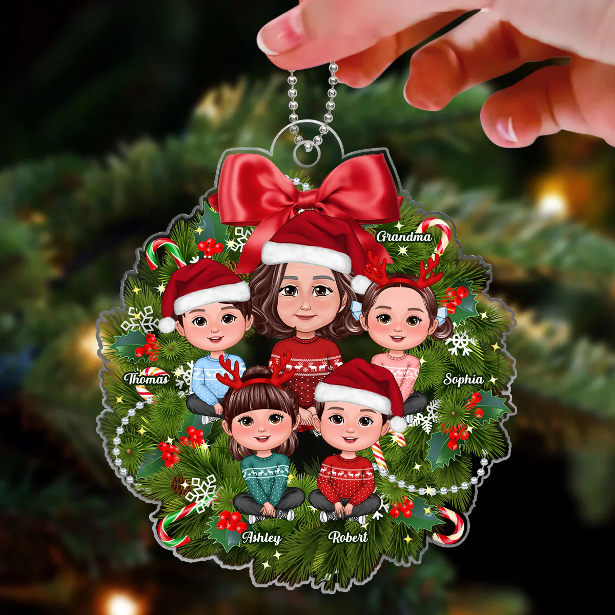 Grandma Grandkids Crossed Legs Sitting On Christmas Wreath Personalized Acrylic Ornament - Image 3