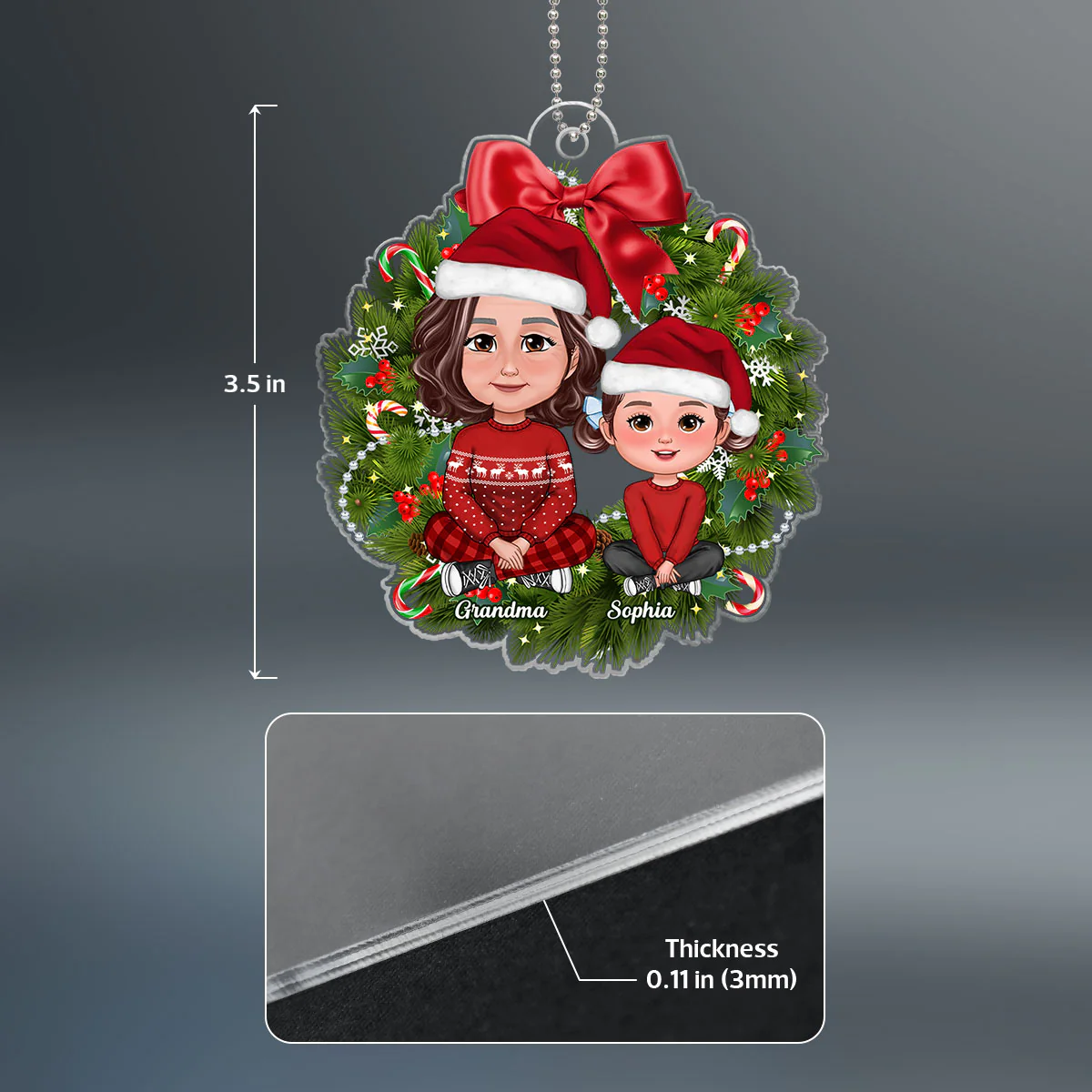 Grandma Grandkids Crossed Legs Sitting On Christmas Wreath Personalized Acrylic Ornament - Image 4