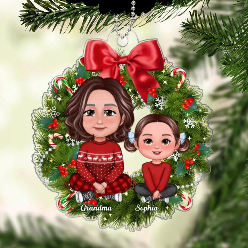 Grandma Grandkids Crossed Legs Sitting On Christmas Wreath Personalized Acrylic Ornament - Image 5