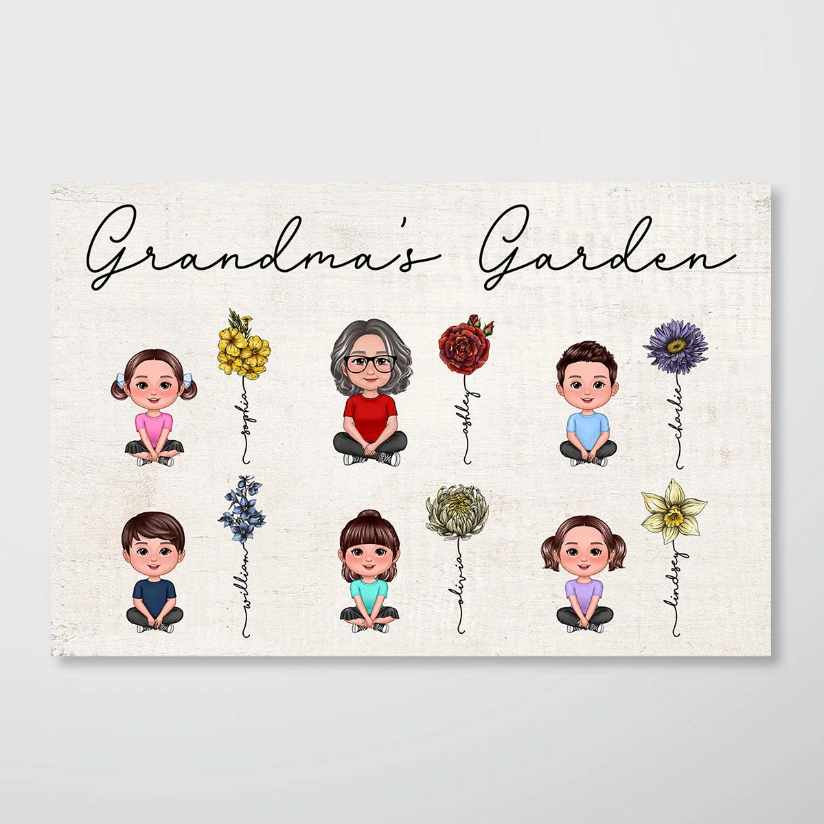 Grandma Grandkids Crossed Legs Sitting Vintage Birth Flower Personalized Poster - Image 2