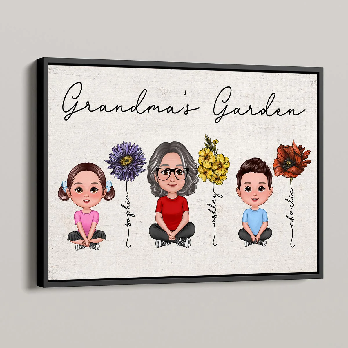 Grandma Grandkids Crossed Legs Sitting Vintage Birth Flower Personalized Poster - Image 3