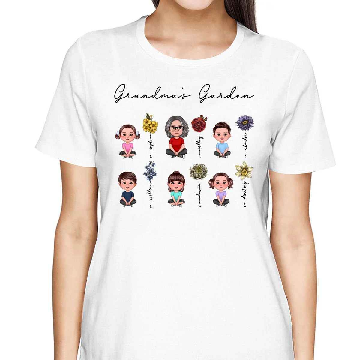 Grandma Grandkids Crossed Legs Sitting Vintage Birth Flower Personalized Shirt - Image 2
