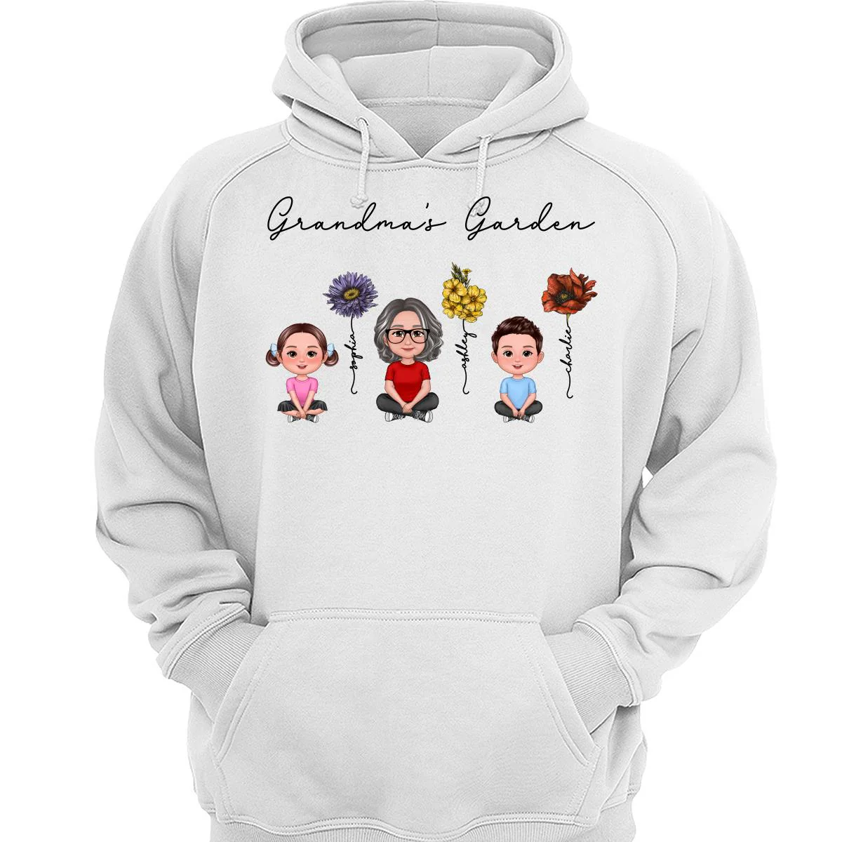 Grandma Grandkids Crossed Legs Sitting Vintage Birth Flower Personalized Shirt - Image 3