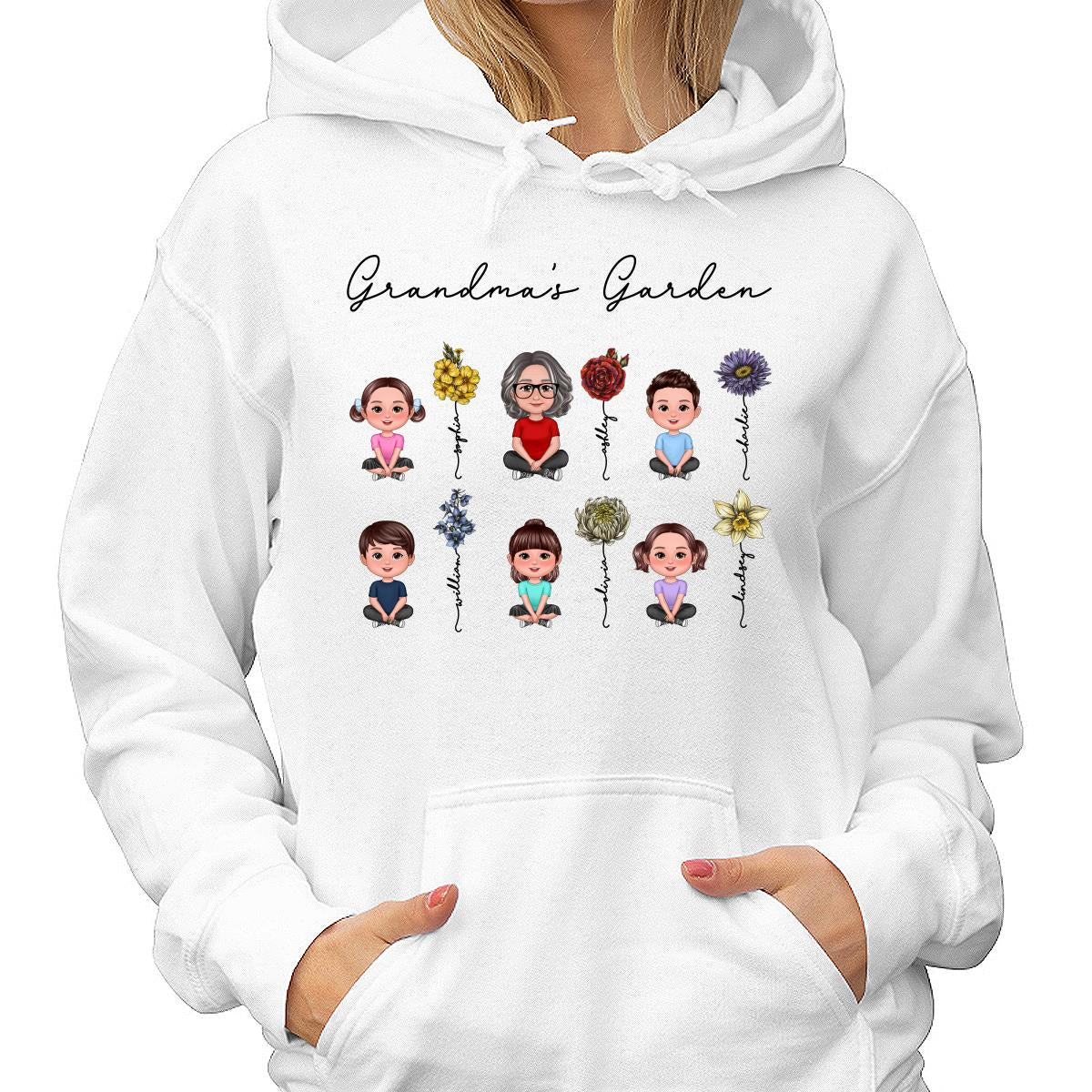 Grandma Grandkids Crossed Legs Sitting Vintage Birth Flower Personalized Shirt - Image 4