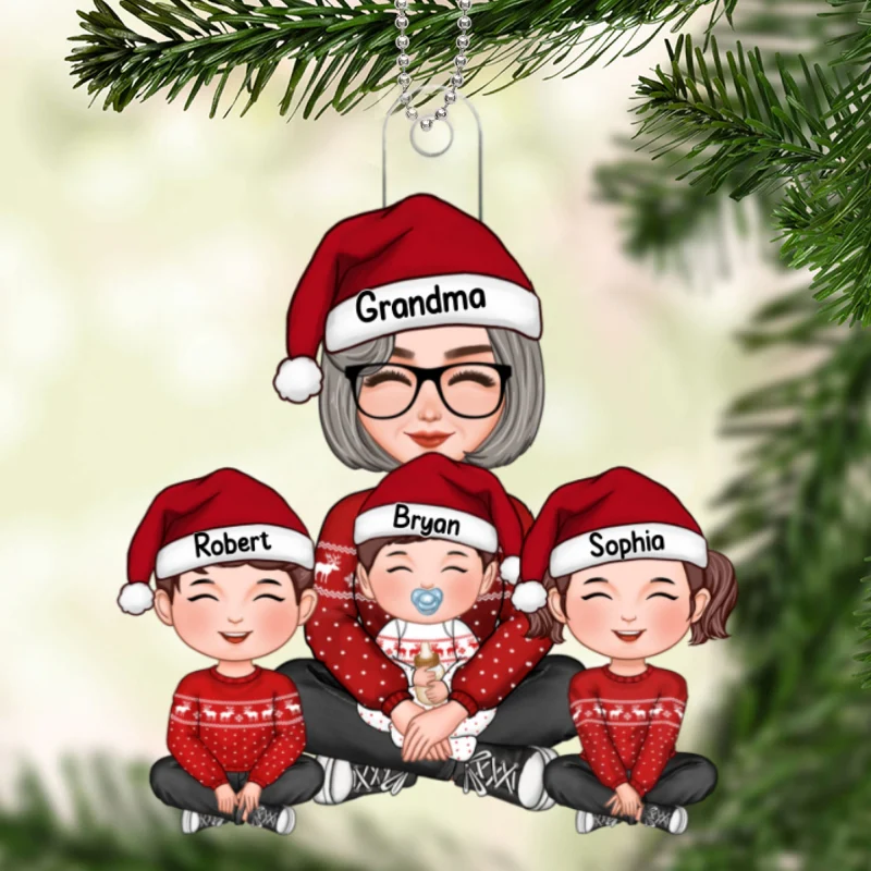 Grandma & Grandkids Cute Sitting Crossed Legs Personalized Acrylic Ornament - Image 5