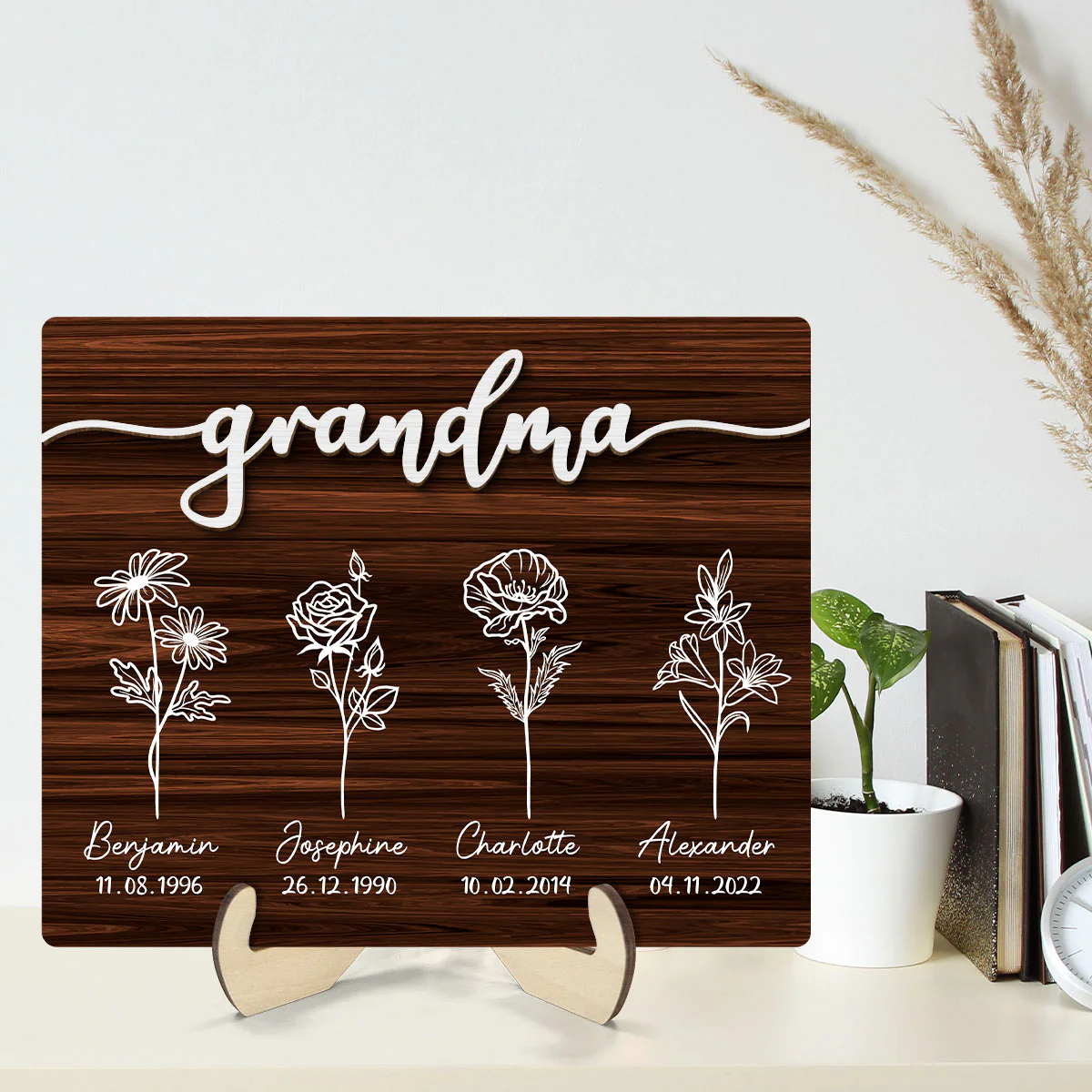 Grandma Grandkids Flowers Personalized 2-Layer Wooden Plaque - Image 2