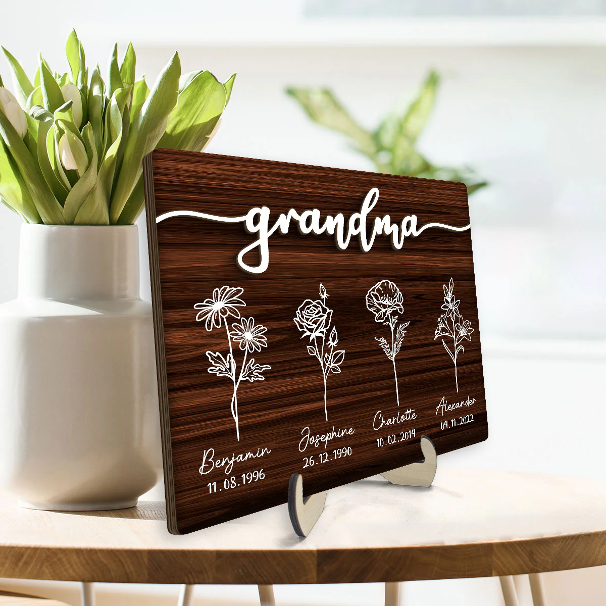 Grandma Grandkids Flowers Personalized 2-Layer Wooden Plaque - Image 3