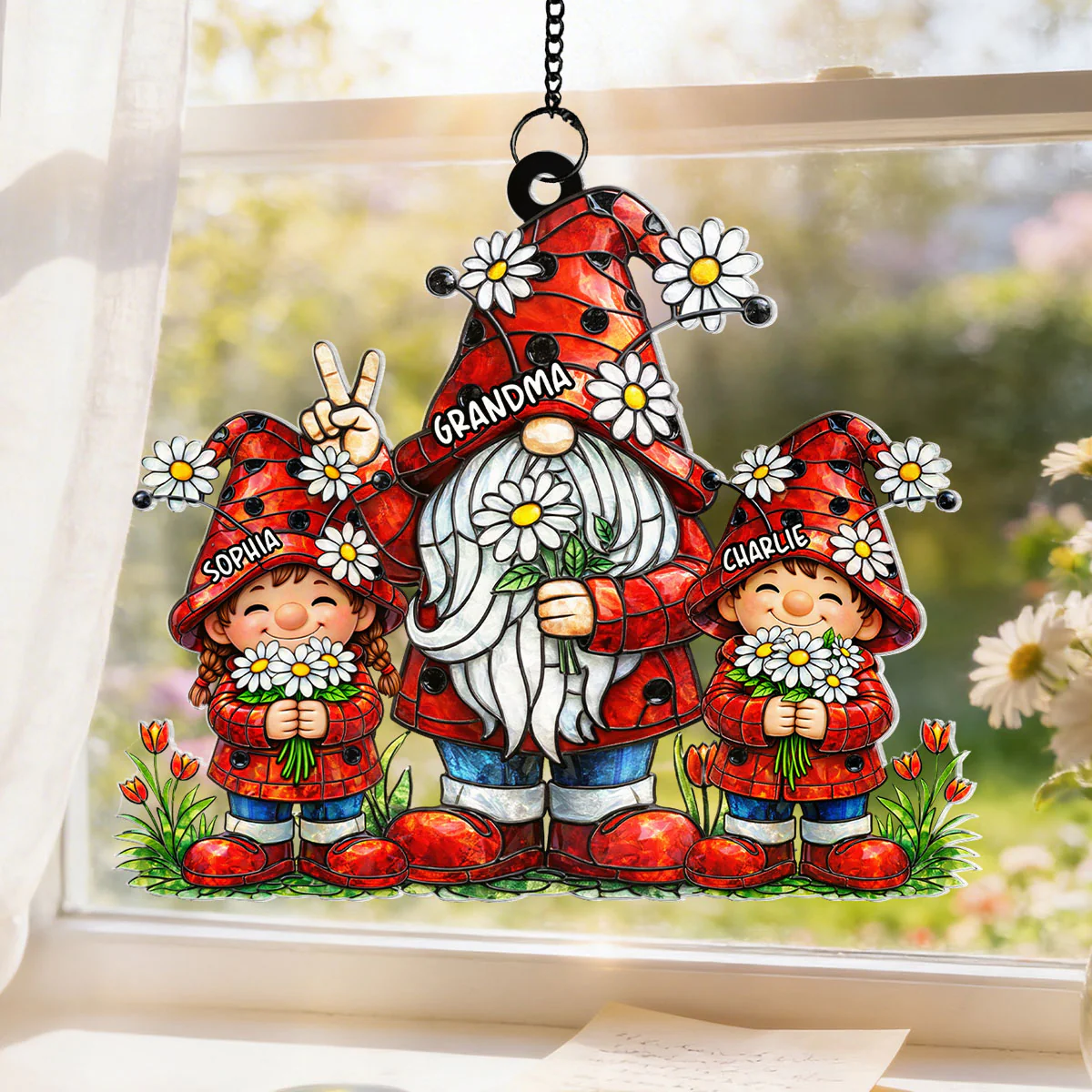 Grandma Grandkids Gnome Daisy Flowers - Personalized Suncatcher - Gift For Grandma - Image 2