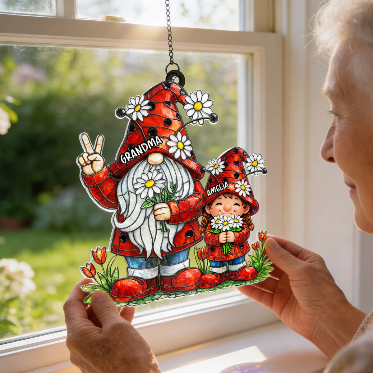 Grandma Grandkids Gnome Daisy Flowers - Personalized Suncatcher - Gift For Grandma - Image 3