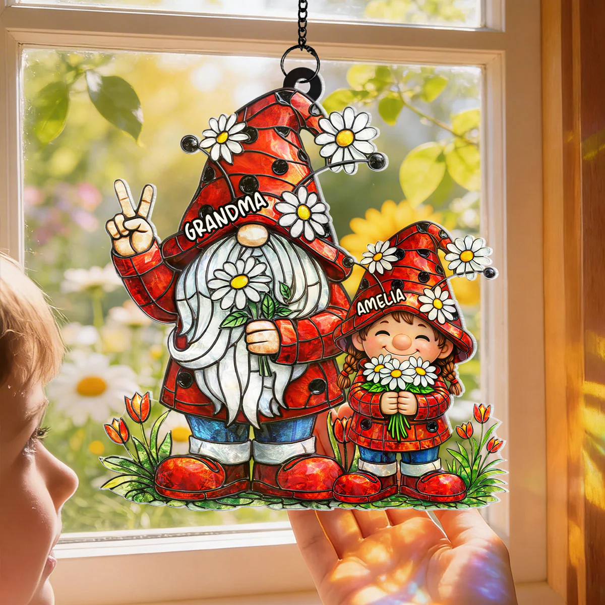 Grandma Grandkids Gnome Daisy Flowers - Personalized Suncatcher - Gift For Grandma - Image 4