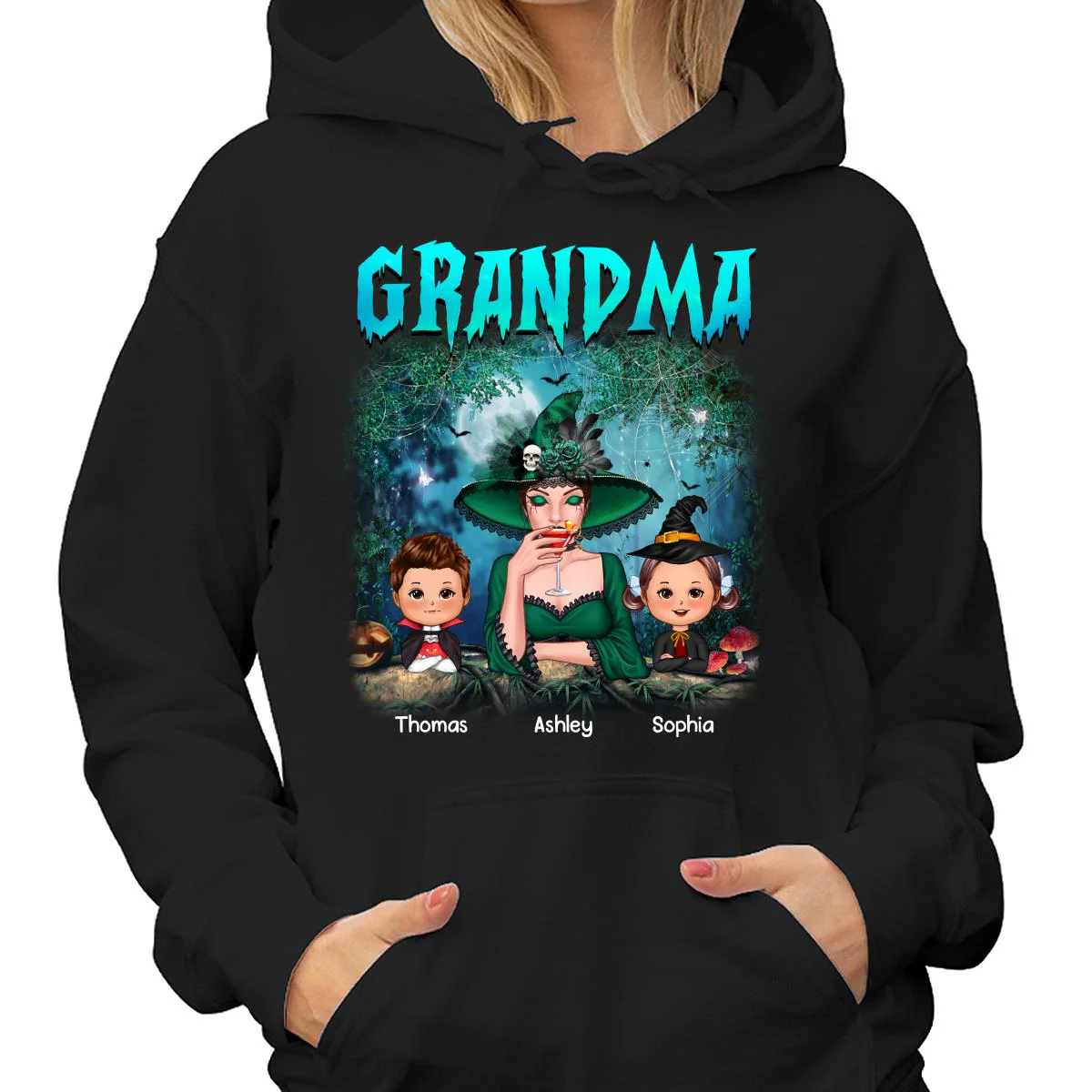 Grandma Grandkids Halloween Moon In Forest Personalized Shirt - Image 4