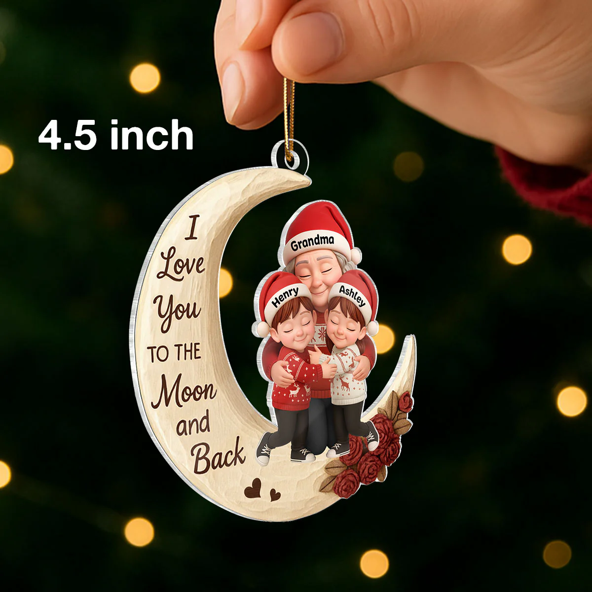 Grandma Grandkids Hugging on Moon 3D Wooden Effect - Personalized Acrylic Ornament - Christmas Gift for Grandma, Grandkids - Image 2