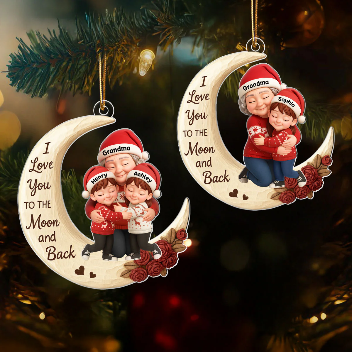 Grandma Grandkids Hugging on Moon 3D Wooden Effect - Personalized Acrylic Ornament - Christmas Gift for Grandma, Grandkids - Image 6