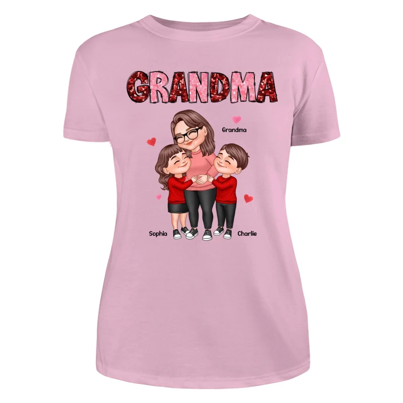 Grandma Grandkids Hugging Red & Pink Hearts Sequins Effect Personalized Shirt - Image 11