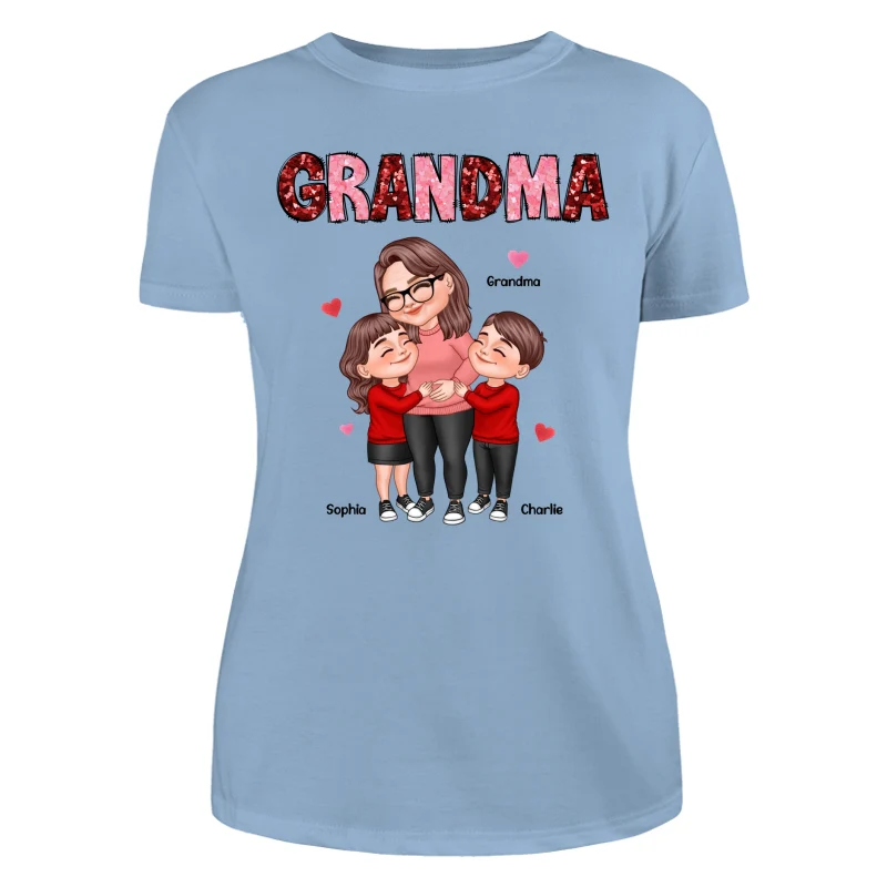 Grandma Grandkids Hugging Red & Pink Hearts Sequins Effect Personalized Shirt - Image 12