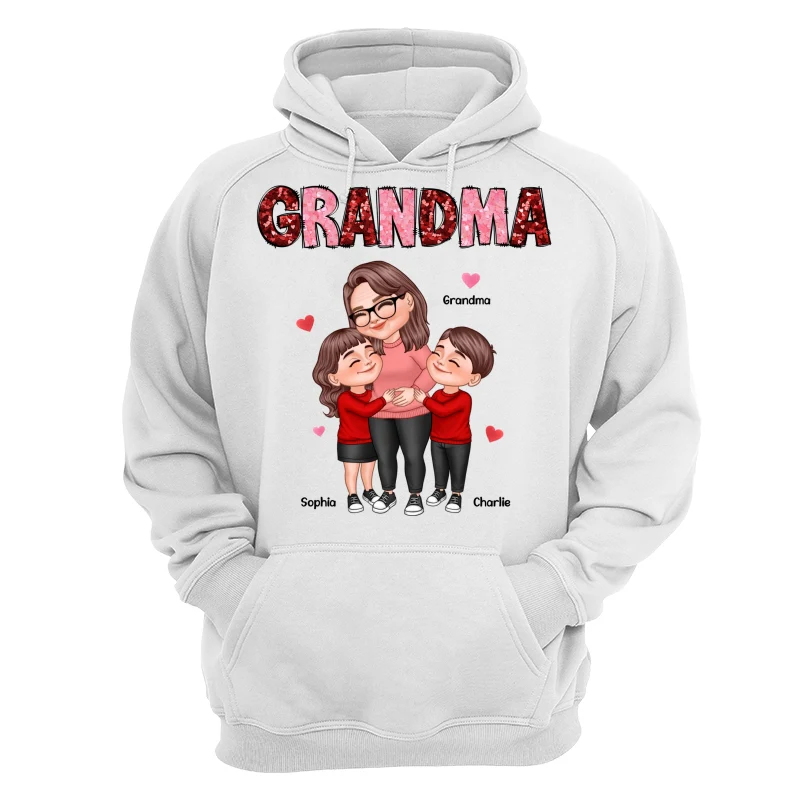 Grandma Grandkids Hugging Red & Pink Hearts Sequins Effect Personalized Shirt - Image 13