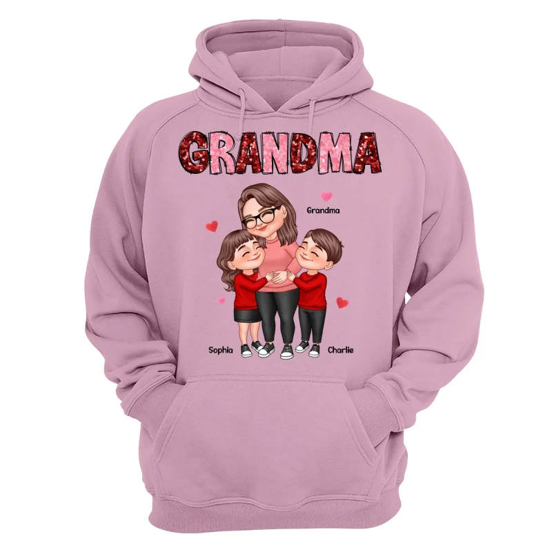 Grandma Grandkids Hugging Red & Pink Hearts Sequins Effect Personalized Shirt - Image 15