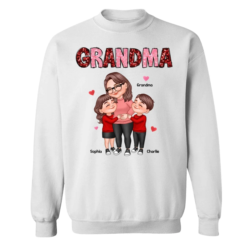 Grandma Grandkids Hugging Red & Pink Hearts Sequins Effect Personalized Shirt - Image 17