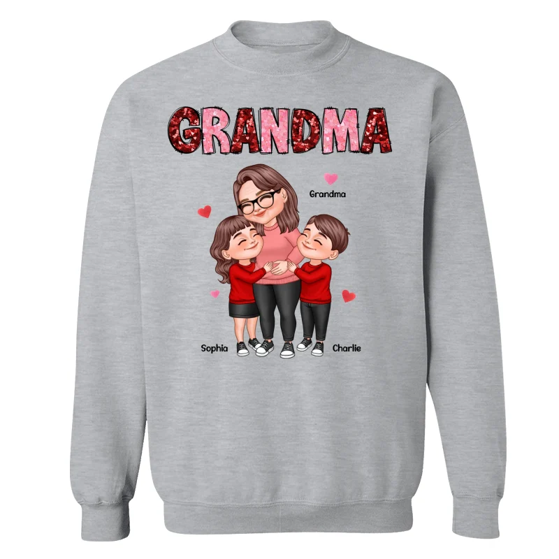 Grandma Grandkids Hugging Red & Pink Hearts Sequins Effect Personalized Shirt - Image 18