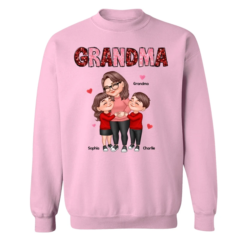 Grandma Grandkids Hugging Red & Pink Hearts Sequins Effect Personalized Shirt - Image 19