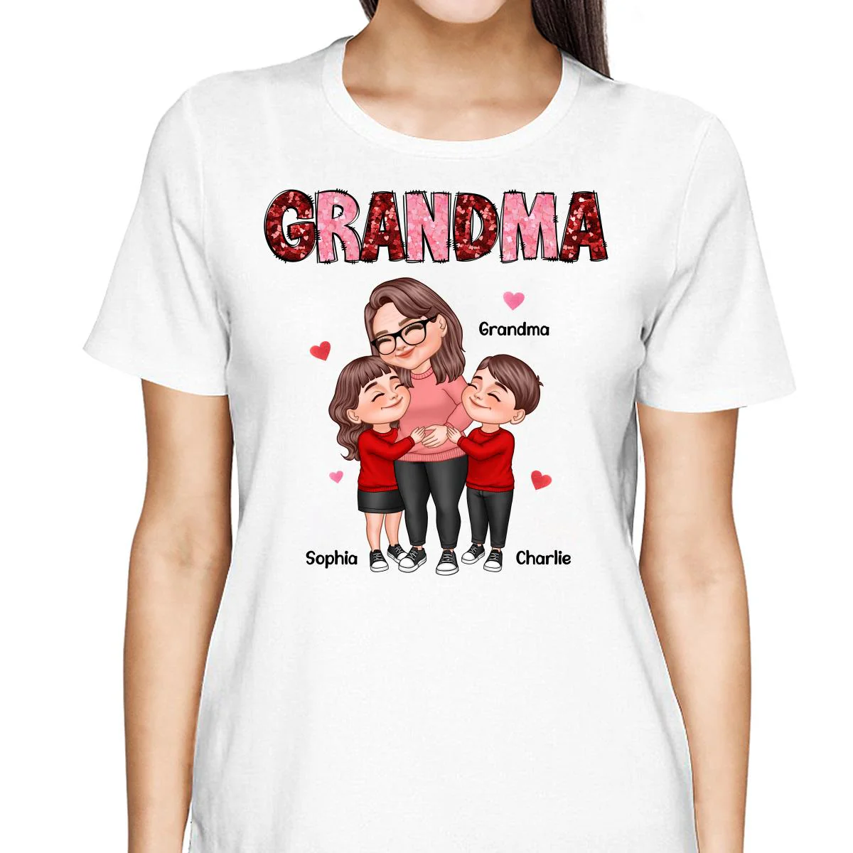 Grandma Grandkids Hugging Red & Pink Hearts Sequins Effect Personalized Shirt - Image 2