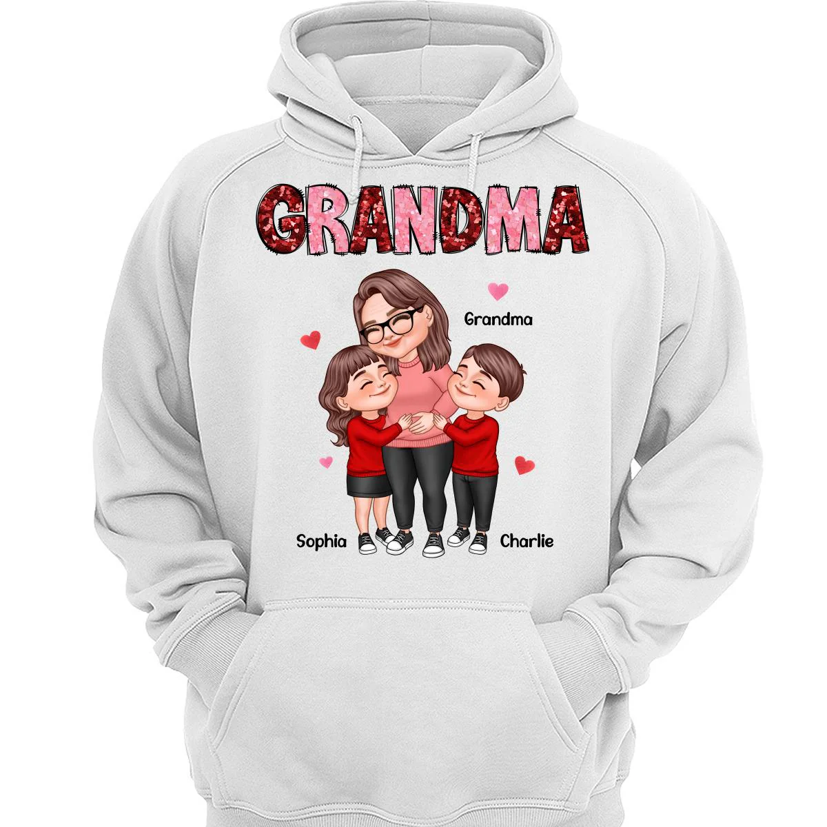 Grandma Grandkids Hugging Red & Pink Hearts Sequins Effect Personalized Shirt - Image 3