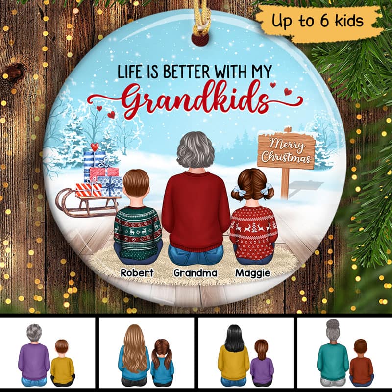 Grandma & Grandkids In Snow Personalized Circle Ornament - Image 2