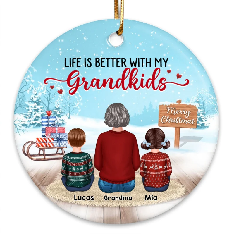 Grandma & Grandkids In Snow Personalized Circle Ornament - Image 3